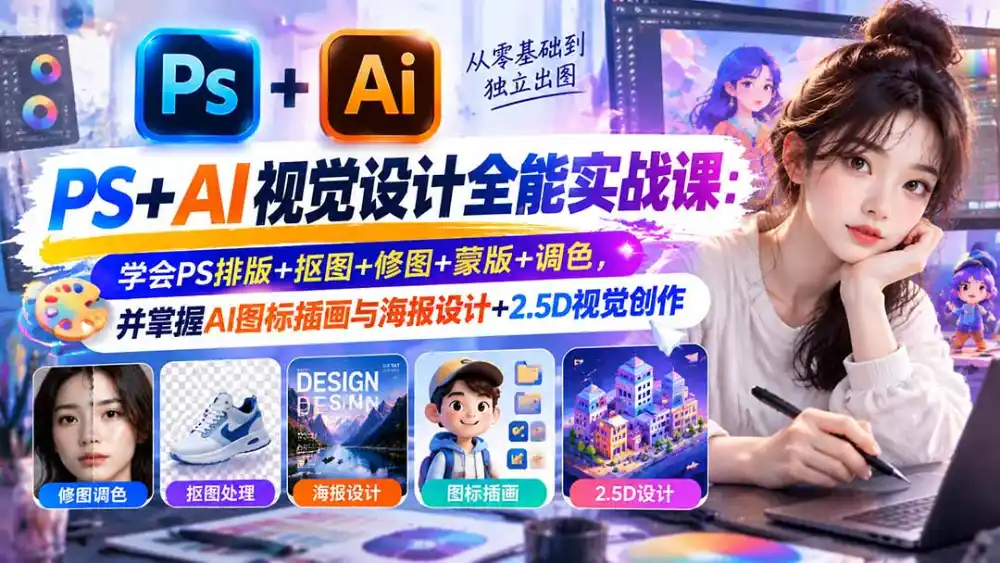 【无水印】PS+AI视觉设计全能实战课:学会PS排版+抠图+修图+蒙版+调色,并掌握AI图标插画与海报设计+2.5D视觉创作-项目资源网
