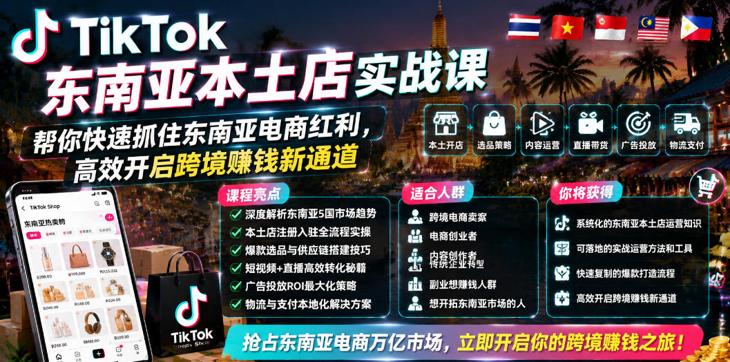 TikTok东南亚本土店实战课，帮你快速抓住东南亚电商红利，高效开启跨境賺钱新通道-项目资源网