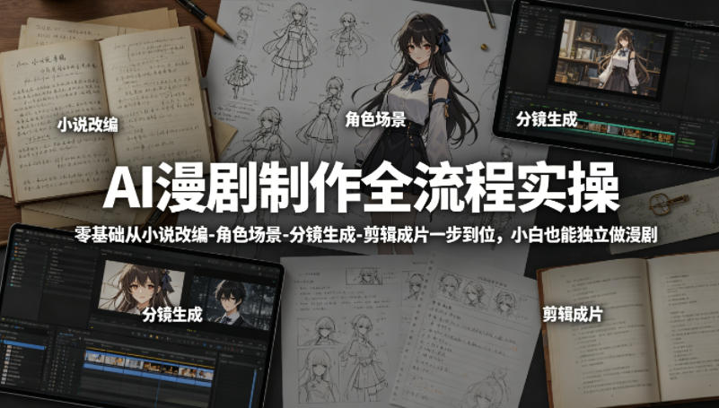 AI漫剧制作全流程实操,零基础从小说改编-角色场景-分镜生成-剪辑成片一步到位,小白也能独立做漫剧