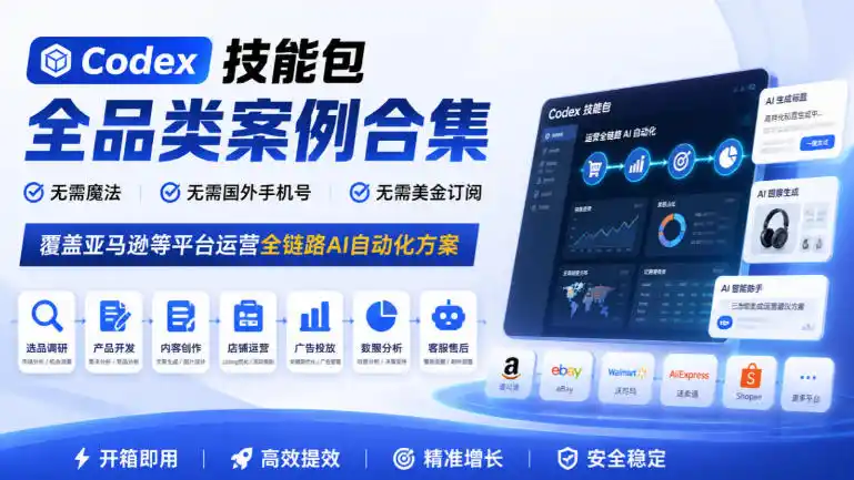 Codex技能包全品类案例合集，无需魔法、无需国外手机号、无需美金订阅，覆盖亚马逊等平台运营全链路AI自动化方案-项目资源网