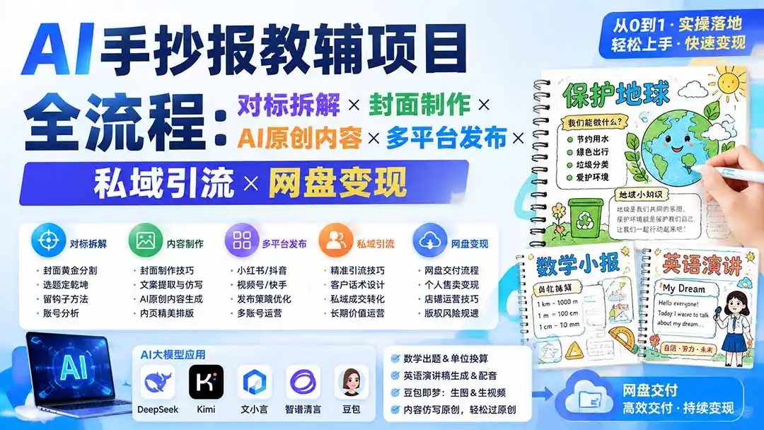 AI手抄报教辅项目全流程：对标拆解×封面制作×AI原创内容×多平台发布×私域引流×网盘变现-项目资源网