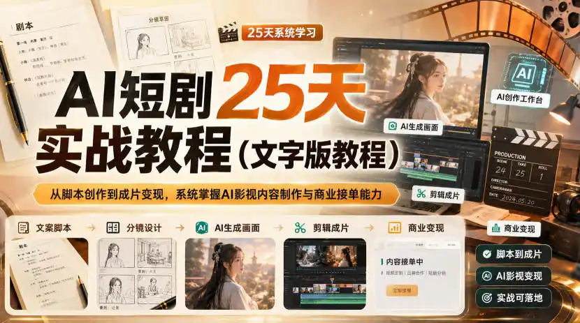AI短剧25天实战教程(文字版教程)，从脚本创作到成片变现，系统掌握AI影视内容制作与商业接单能力-项目资源网