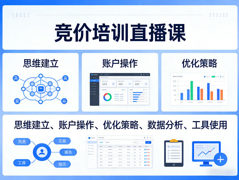 竞价培训直播课，覆盖思维建立、账户操作、优化策略、数据分析、工具使用等，全方位提升效果-项目资源网