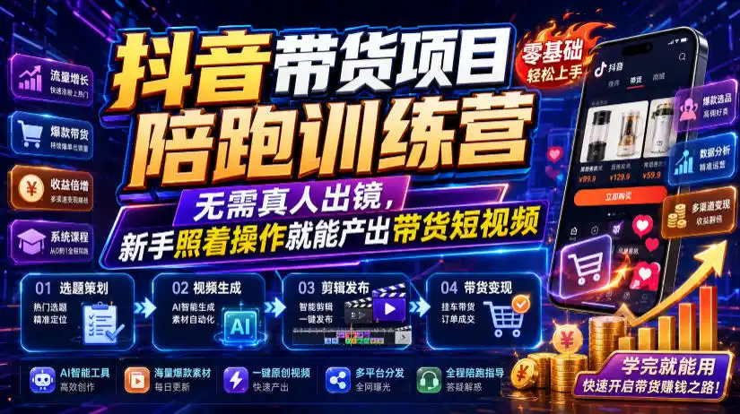 抖音带货项目陪跑训练营，无需真人出镜，新手照着操作就能产出带货短视频(更新0811)-项目资源网