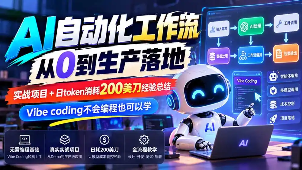【无水印】AI自动化工作流从0到生产落地，实战项目+日token消耗200美刀经验总结，Vibe coding不会编程也可以学-项目资源网