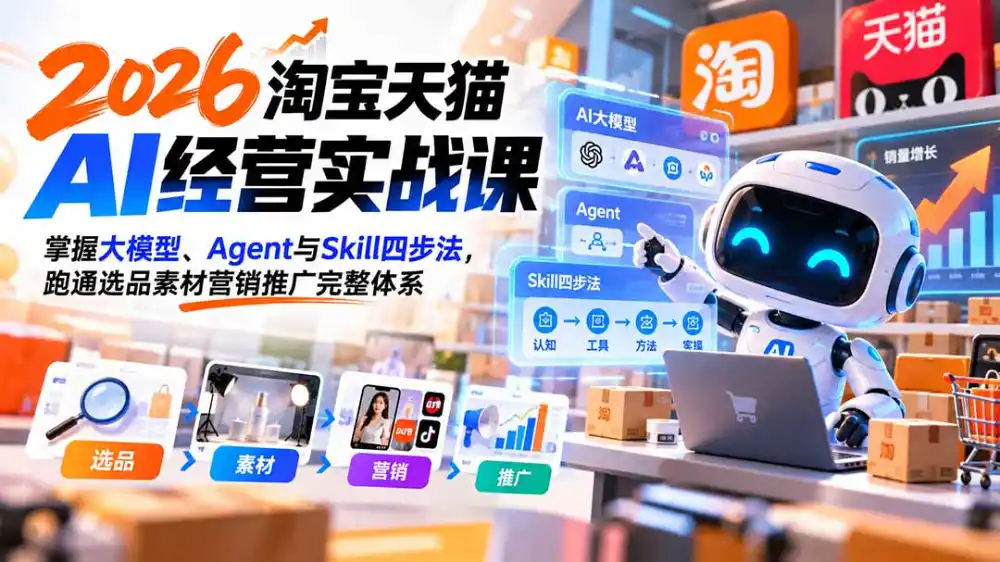 【无水印】2026淘宝天猫AI经营实战课：掌握大模型、Agent与Skill四步法，跑通选品素材营销推广完整体系-项目资源网