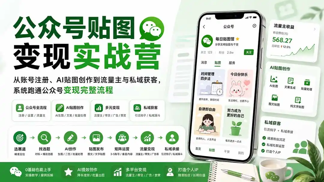 公众号贴图变现实战营：从账号注册、AI贴图创作到流量主与私域获客，系统跑通公众号变现完整流程-项目资源网