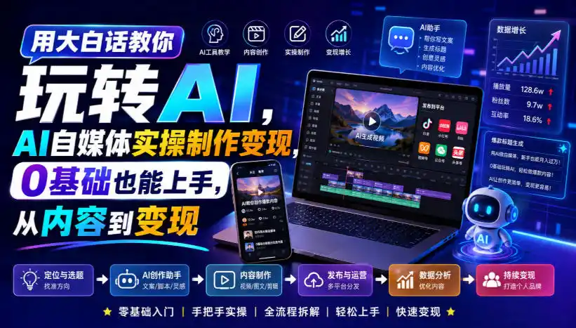 用大白话教你玩转AI，AI自媒体实操制作变现，0基础也能上手，从内容到变现-项目资源网