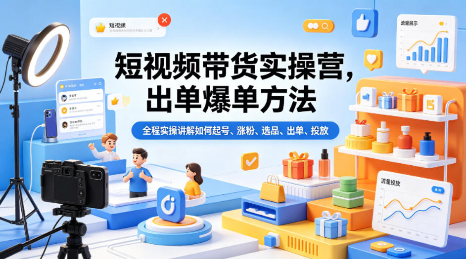 短视频带货实操营，出单爆单方法，全程实操讲解如何起号、涨粉、选品、出单、投放-项目资源网