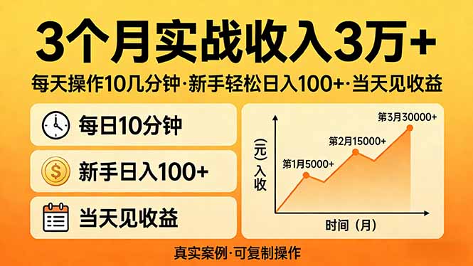 3个月实战收入3万+，每天操作10几分钟，新手轻松日入100+，当天见收益-项目资源网