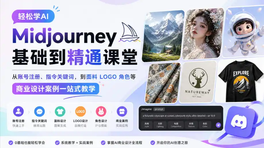 轻松学AI Midjourney基础到精通课堂,从账号注册、指令关键词,到面料LOGO角色等商业设计案例一站式教学-项目资源网