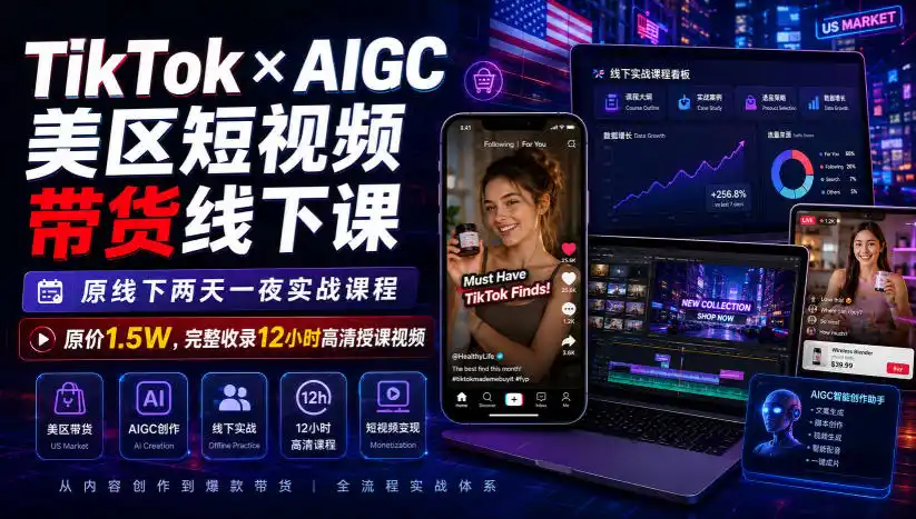 TikTok×AIGC美区短视频带货线下课，原线下两天一夜实战课程，原价1.5W，完整收录12小时高清授课视频-项目资源网