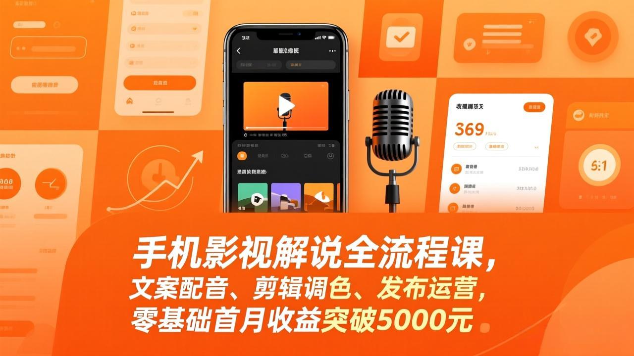 手机影视解说全流程课，文案配音、剪辑调色、发布运营，零基础首月收益突破5000元-项目资源网