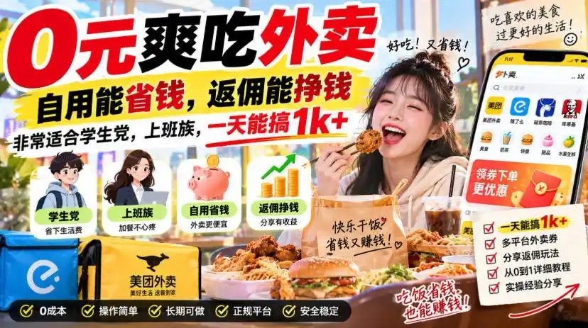 0元爽吃外卖，自用能省钱，返佣能挣钱，非常适合学生党，上班族，一天能搞1k+-项目资源网