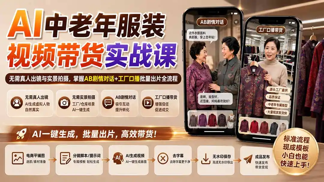 AI中老年服装视频带货实战课：无需真人出镜与实景拍摄，掌握AB剧情对话+工厂口播批量出片全流程-项目资源网