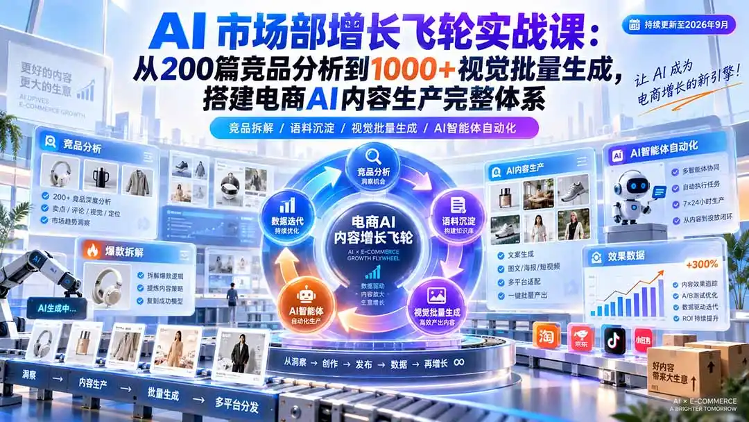 AI 市场部增长飞轮实战课：从200篇竞品分析到1000+视觉批量生成，搭建电商AI内容生产完整体系-项目资源网