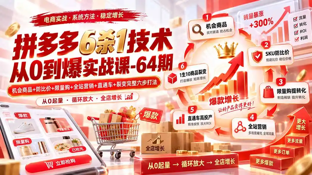 拼多多6杀1技术从0到爆实战课-64期：机会商品+防比价+限量购+全站营销+直通车+裂变完整六步打法-项目资源网