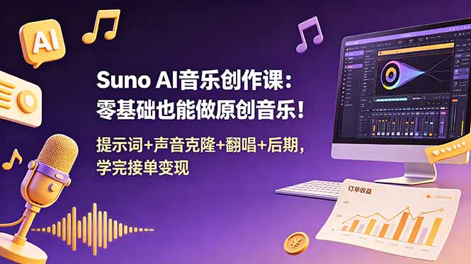Suno AI音乐创作课：零基础也能做原创音乐！提示词+声音克隆+翻唱+后期，学完接单变现-项目资源网