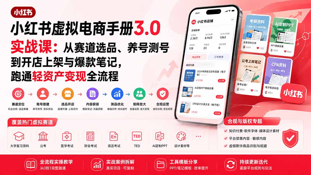 小红书虚拟电商手册3.0实战课：从赛道选品、养号测号到开店上架与爆款笔记，跑通轻资产变现全流程-项目资源网