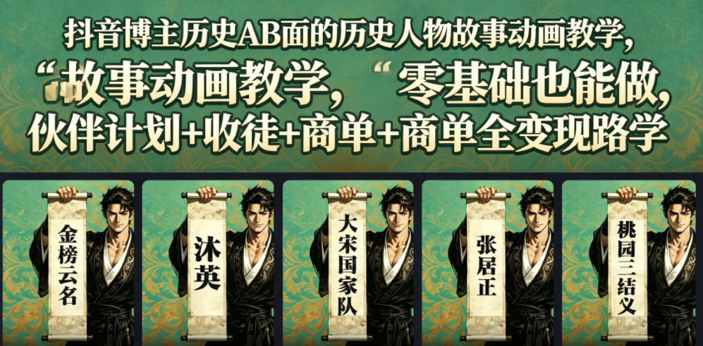 抖音博主历史AB面的历史人物故事动画教学，零基础也能做，伙伴计划+收徒+商单全变现路径教学-项目资源网