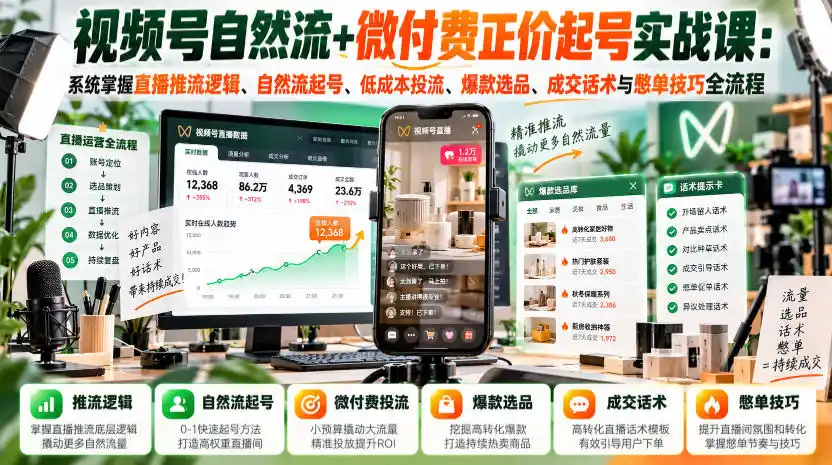视频号自然流+微付费正价起号实战课：系统掌握直播推流逻辑、自然流起号、低成本投流、爆款选品、成交话术与憋单技巧全流程-项目资源网