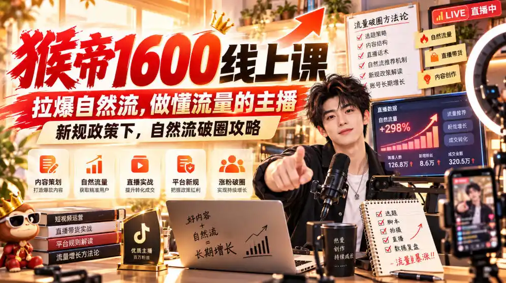 猴帝1600线上课，拉爆自然流，做懂流量的主播，新规政策下，自然流破圈攻略【更新261002】-项目资源网