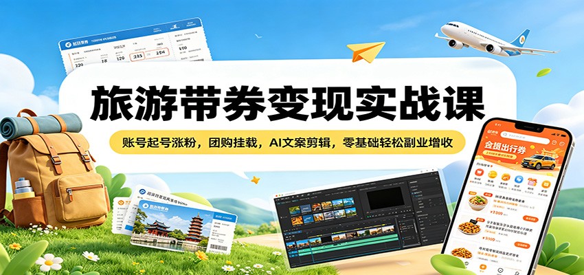 旅游带券变现实战课:账号起号涨粉,团购挂载,AI文案剪辑,零基础轻松副业增收-项目资源网
