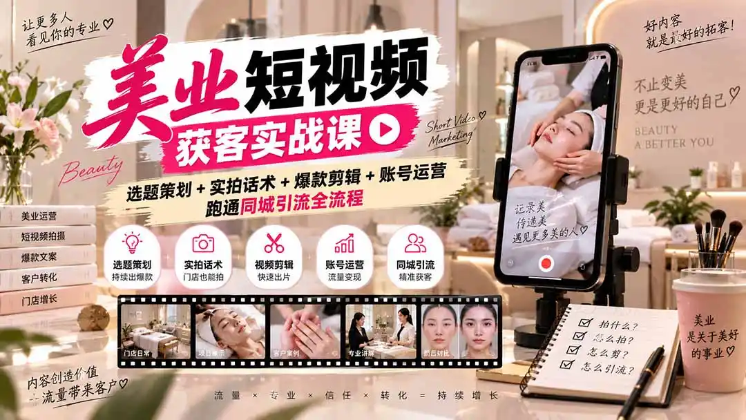 美业短视频获客实战课-无水印：选题策划+实拍话术+爆款剪辑+账号运营，跑通同城引流全流程-项目资源网