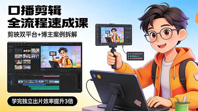 口播剪辑全流程速成课，剪映双平台+博主案例拆解，学完独立出片效率提升3倍-项目资源网