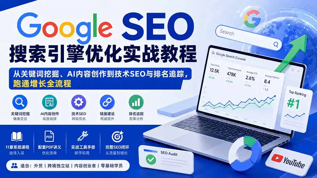 Google SEO搜索引擎优化实战教程：从关键词挖掘、AI内容创作到技术SEO与排名追踪，跑通增长全流程-项目资源网