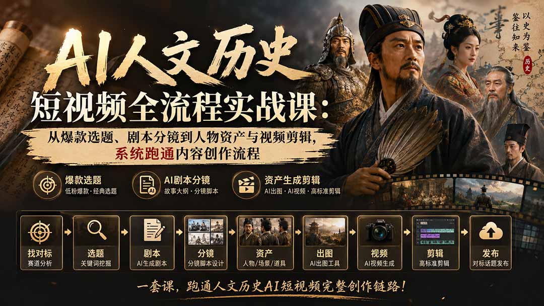 AI人文历史短视频全流程实战课：从爆款选题、剧本分镜到人物资产与视频剪辑，系统跑通内容创作流程-项目资源网