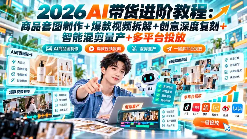 2026AI带货进阶教程:商品套图制作+爆款视频拆解+创意深度复刻+智能混剪量产+多平台投放-项目资源网