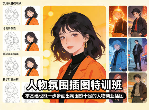 人物氛围插图特训班，零基础也能一步步画出氛围感十足的人物商业插图-项目资源网