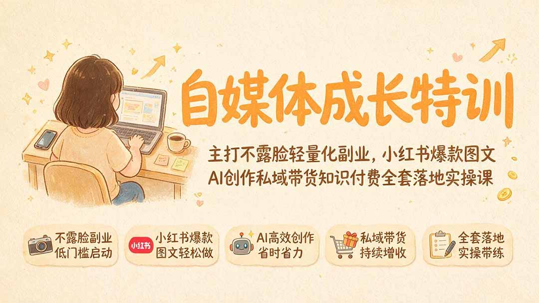 自媒体成长特训｜主打不露脸轻量化副业，小红书爆款图文AI创作私域带货知识付费全套落地实操课-项目资源网