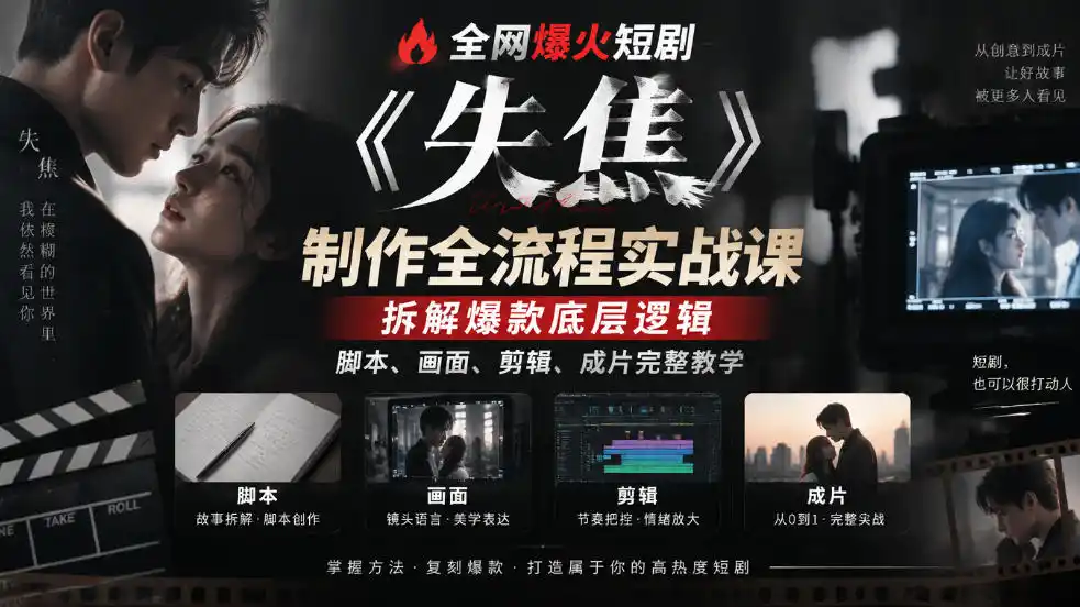 全网爆火短剧《失焦》制作全流程实战课|拆解爆款底层逻辑,脚本、画面、剪辑、成片完整教学-项目资源网