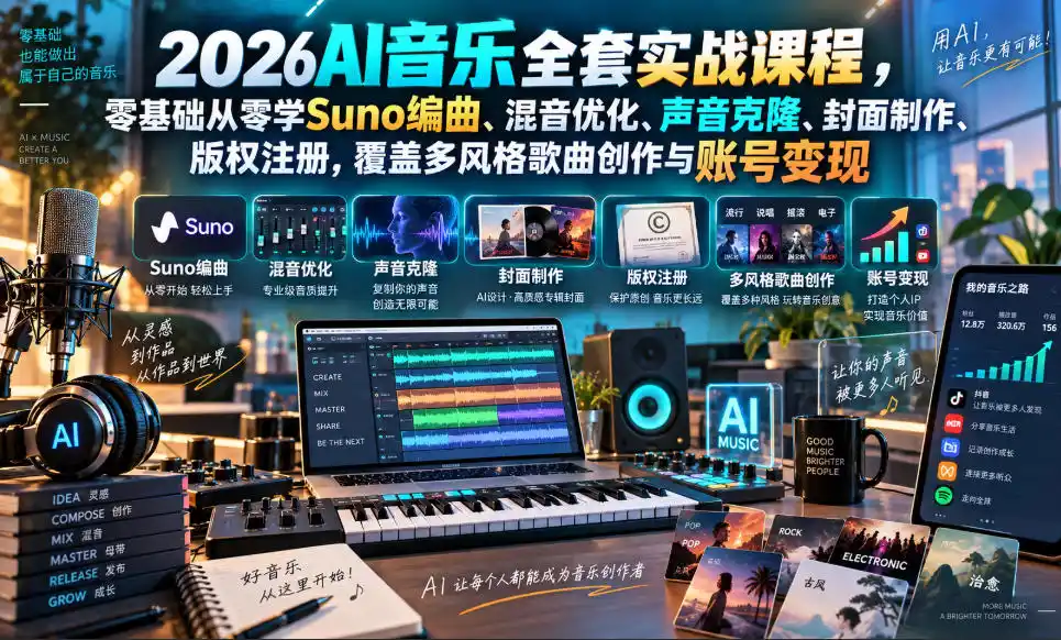 2026AI音乐实战课程，零基础从零学Suno编曲、混音优化、声音克隆、版权注册，覆盖多风格歌曲创作与账号变现-项目资源网