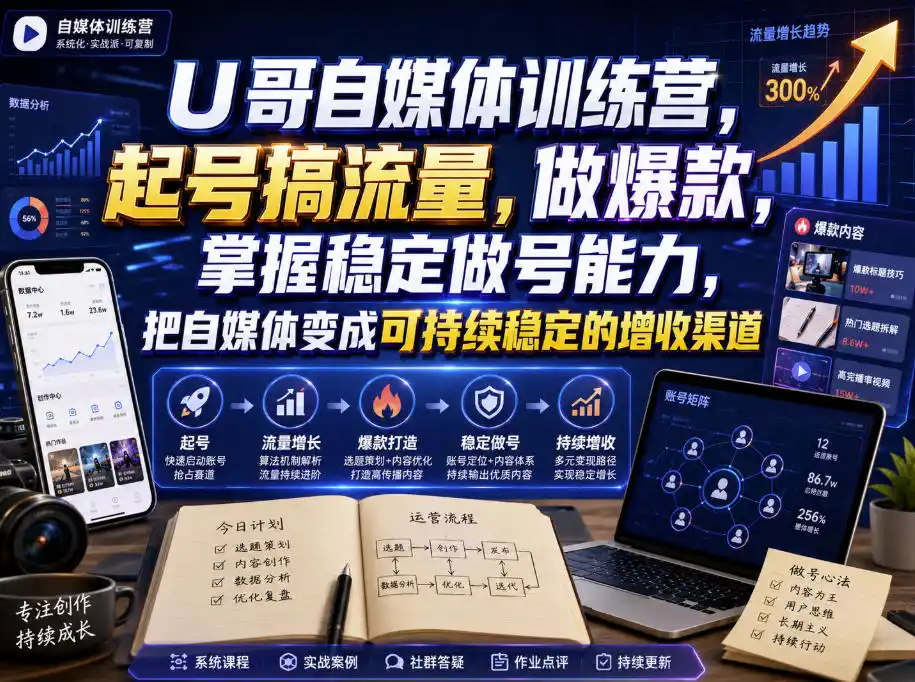 U哥自媒体训练营，起号搞流量，做爆款，掌握稳定做号能力，把自媒体变成可持续稳定的增收渠道-项目资源网