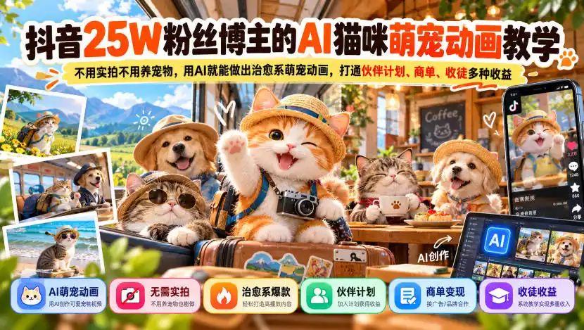 抖音25W粉丝博主的AI猫咪萌宠动画教学，不用实拍不用养宠物，用AI就能做出治愈系萌宠动画，打通伙伴计划、商单、收徒多种收益-项目资源网
