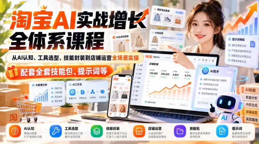 淘宝AI实战增长全体系课程，从AI认知、工具选型、技能封装到店铺运营全场景实操，配套全套技能包、提示词等-项目资源网