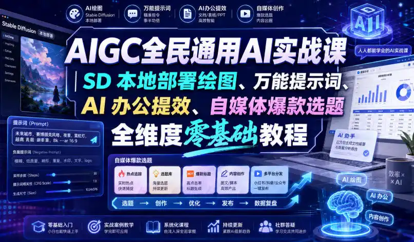AIGC全民通用AI实战课｜SD本地部署绘图、万能提示词、AI办公提效、自媒体爆款选题全维度零基础教程-项目资源网