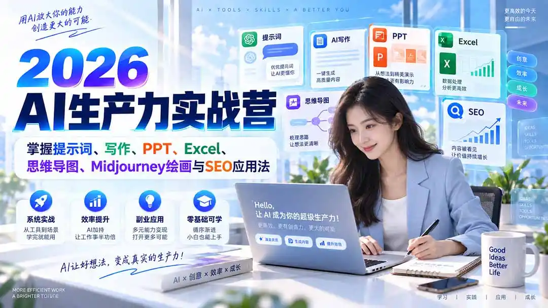 2026AI生产力实战营：掌握提示词、写作、PPT、Excel、思维导图、Midjourney绘画与SEO应用法-项目资源网