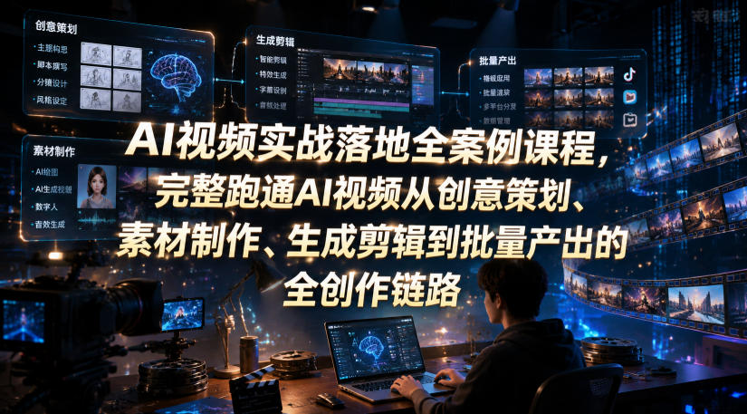 AI视频实战落地全案例课程,完整跑通AI视频从创意策划、素材制作、生成剪辑到批量产出的全创作链路