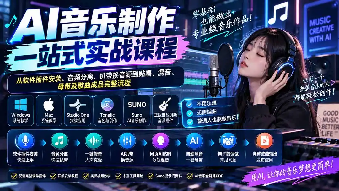 AI音乐制作一站式实战课程：从软件插件安装、音频分离、扒带换音源到贴唱、混音、母带及歌曲成品完整流程-项目资源网