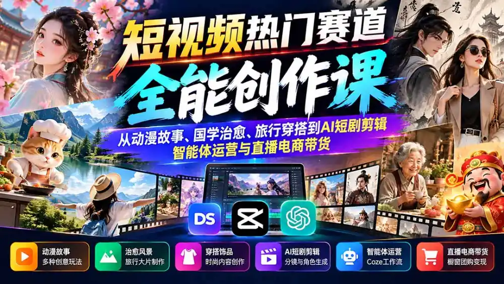 短视频热门赛道全能创作课：从动漫故事、国学治愈、旅行穿搭到AI短剧剪辑、智能体运营与直播电商带货-项目资源网