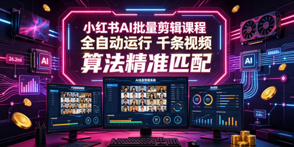 小红书AI批量剪辑课程，24小时全自动运行，解放双手专注运营，千条视频批量处理，小红书算法精准匹配-项目资源网