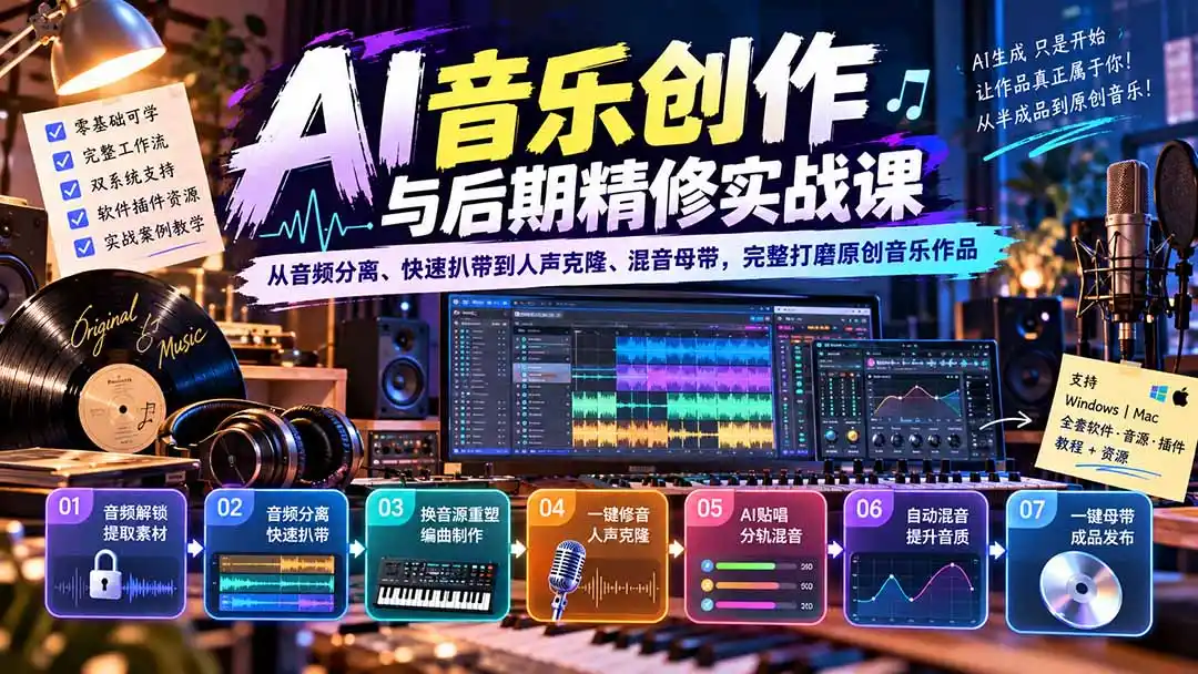 AI音乐创作与后期精修实战课：从音频分离、快速扒带到人声克隆、混音母带，完整打磨原创音乐作品-项目资源网