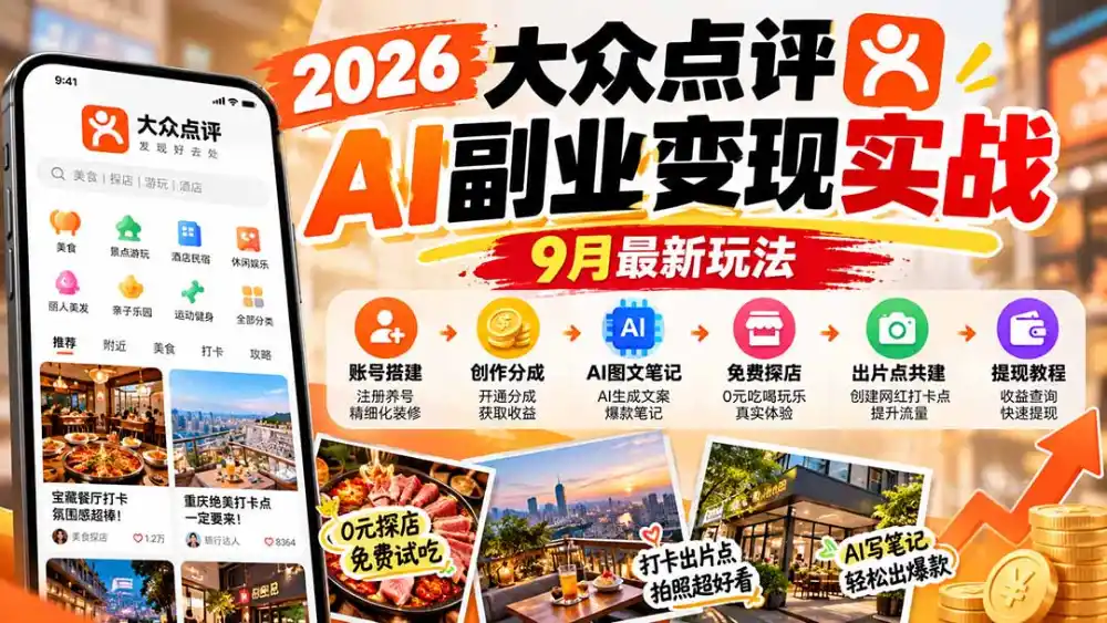 2026大众点评AI副业变现实战9月最新玩法：账号搭建+创作分成+AI图文笔记+免费探店+出片点共建与提现教程-项目资源网