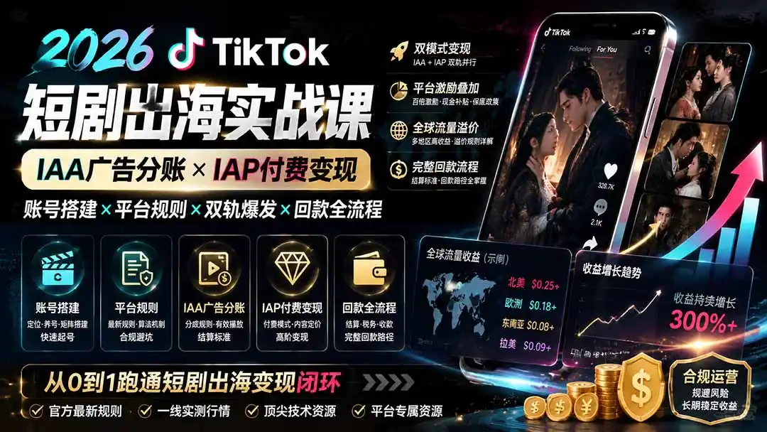 2026TikTok短剧出海实战课：IAA广告分账×IAP付费变现×账号搭建×平台规则×双轨爆发×回款全流程-项目资源网