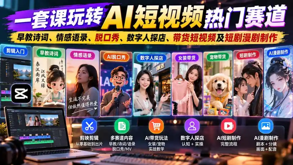 一套课玩转AI短视频热门赛道:早教诗词、情感语录、脱口秀、数字人探店、带货短视频及短剧漫剧制作 复制标题-项目资源网
