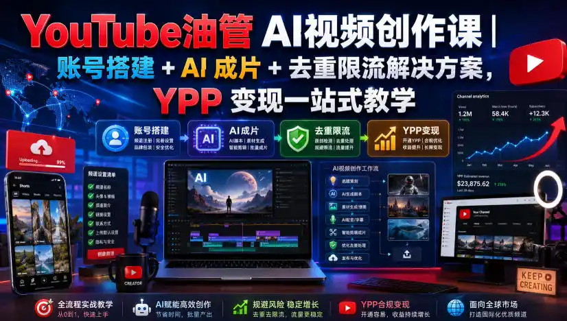 YouTube油管AI视频创作课｜账号搭建+AI成片+去重限流解决方案，YPP变现一站式教学(更新0809)-项目资源网